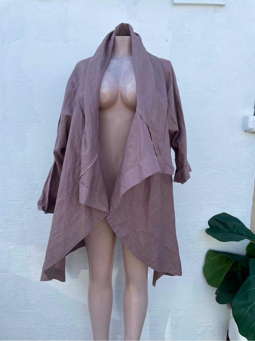 Moyuru Dusty Mauve Draped Linen-Blend Open Cardigan